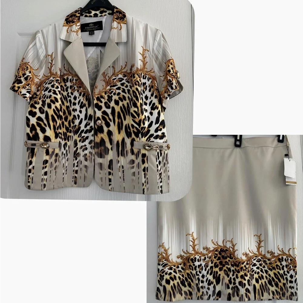 POLEN POE‎ SATIN SKIRT SUIT SET JACKET/SKIRT ANIMAL PRINT SHORT SLEEVES FORMAL